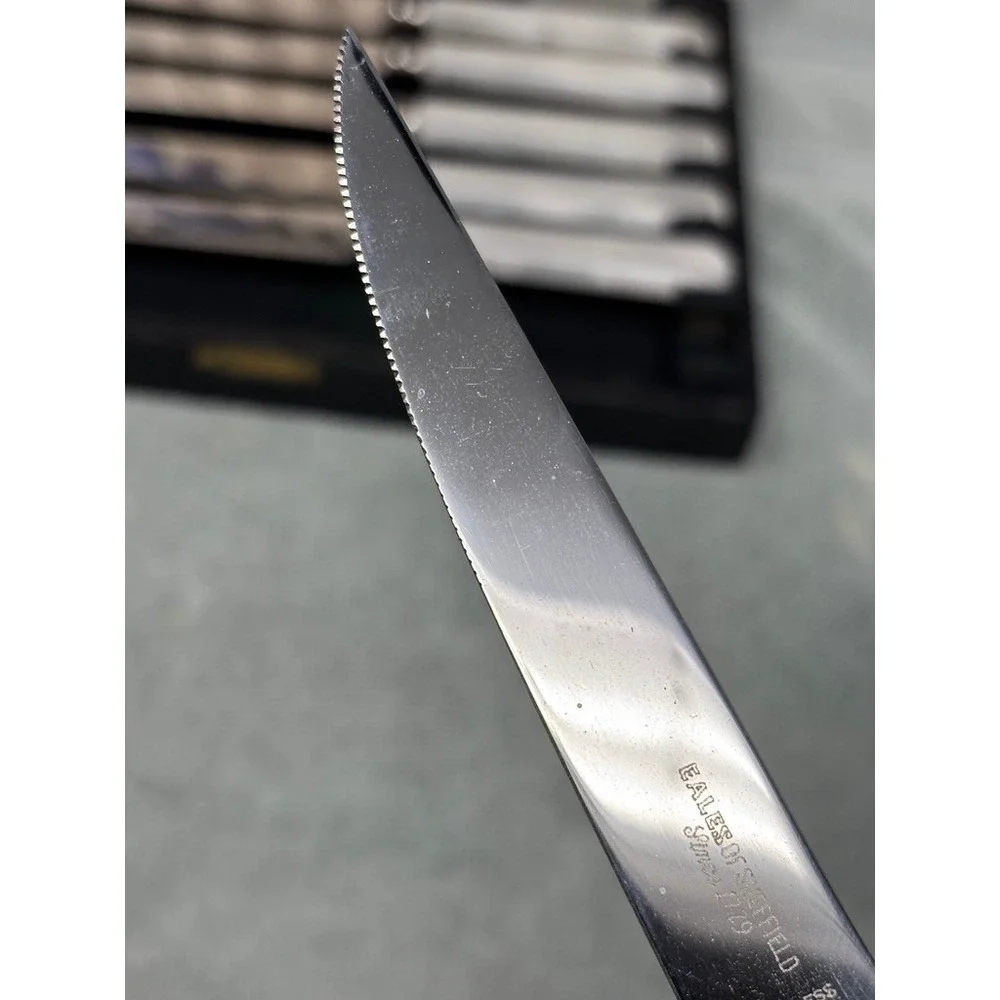 Vtg Eales of Sheffield 6 Piece Steak Knife Set Stainless Mother of Pearl Case